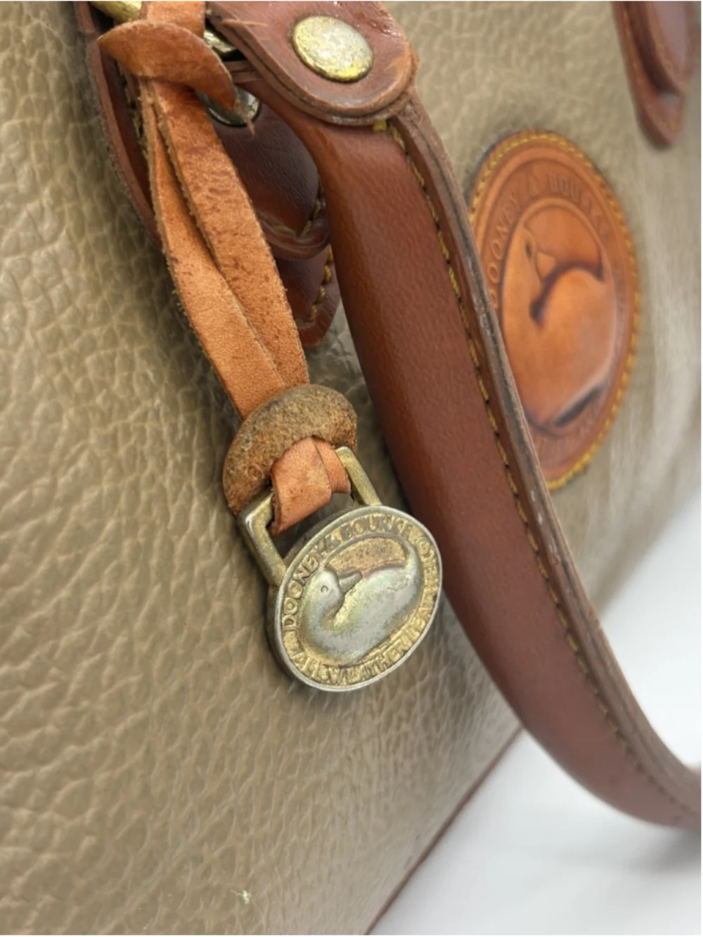 Dooney & Bourke Brown Olive Satchel Bag with Logo, Bag Charm, Zip, Gold Hardware